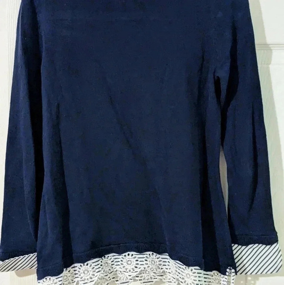 White House Black Market Navy Sweater ‎ Stripe Trim Nautical Lace Size XSP - Picture 2 of 7